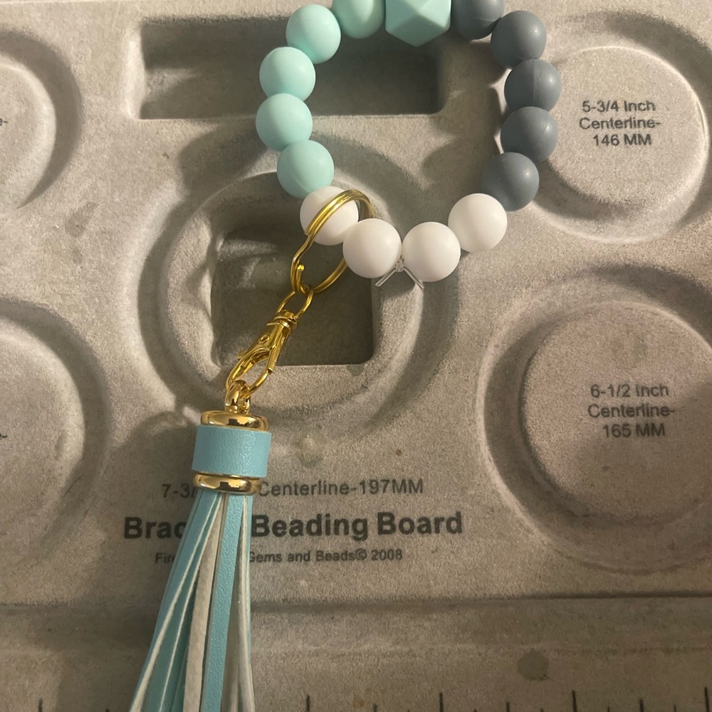 Mint and Gray Beaded Keychain with Tassel